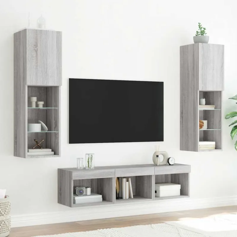 Sieninė TV sekcija su LED, 5 dalių, pilka ąžuolo, mediena