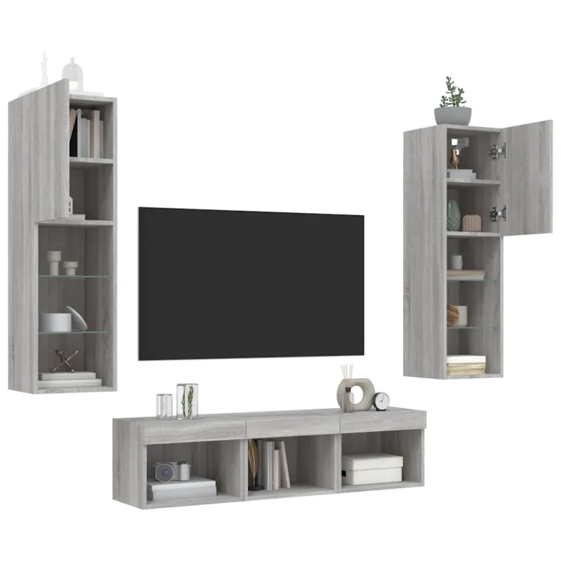 Sieninė TV sekcija su LED, 5 dalių, pilka ąžuolo, mediena