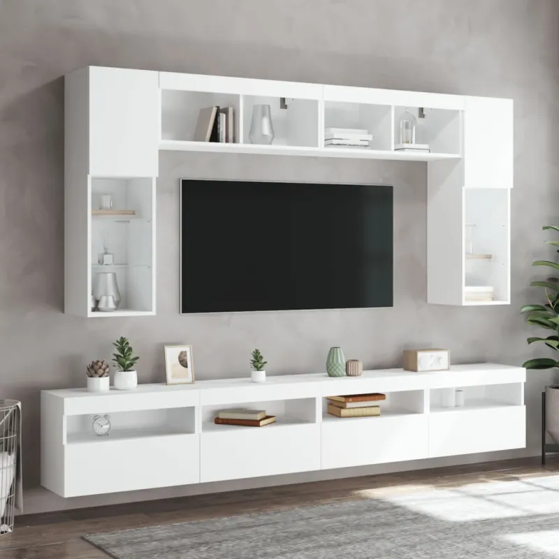 Sieninės TV spintelės su LED lemputėmis, 8vnt., baltos spalvos