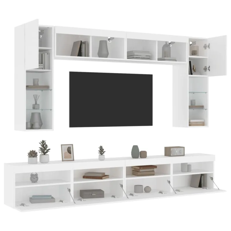 Sieninės TV spintelės su LED lemputėmis, 8vnt., baltos spalvos