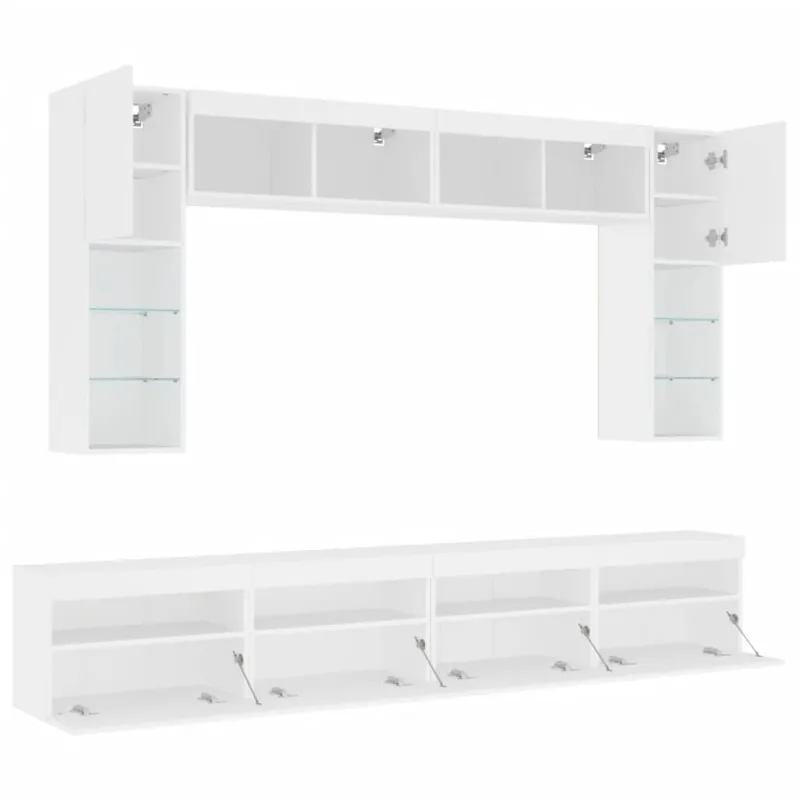 Sieninės TV spintelės su LED lemputėmis, 8vnt., baltos spalvos