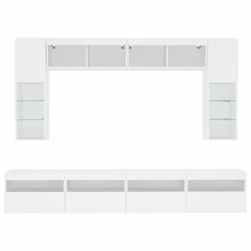 Sieninės TV spintelės su LED lemputėmis, 8vnt., baltos spalvos