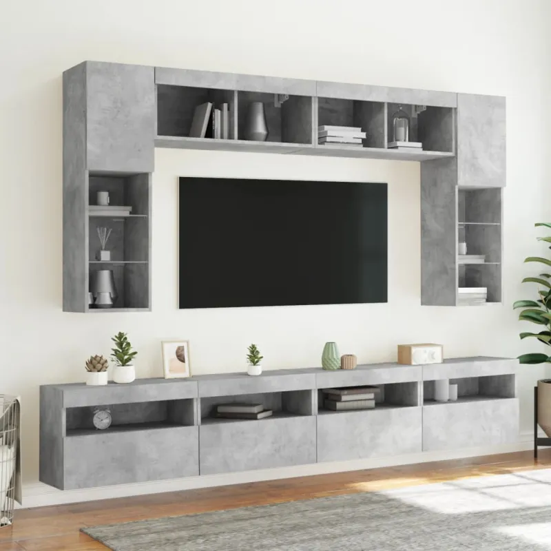 Sieninės TV spintelės su LED lemputėmis, 8vnt., betono pilkos