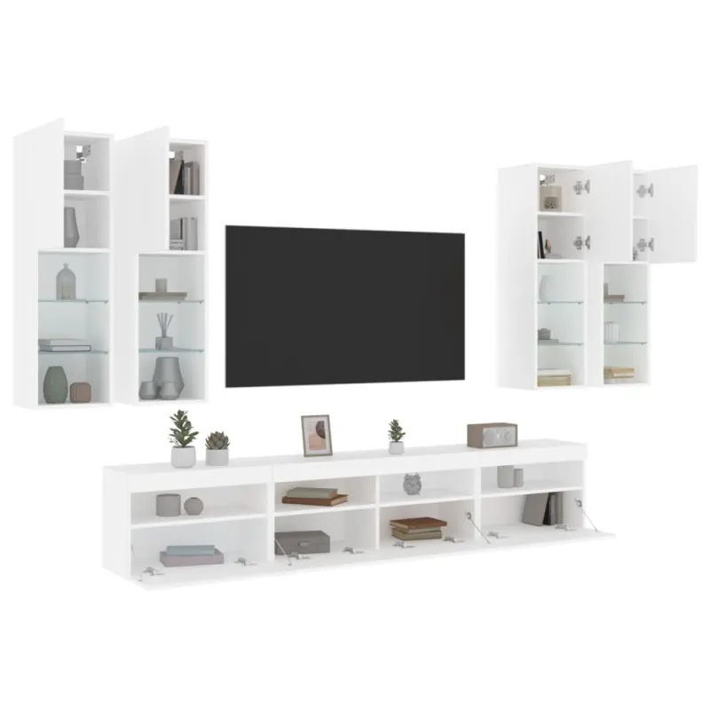 Sieninės TV spintelės su LED lemputėmis, 7vnt., baltos spalvos