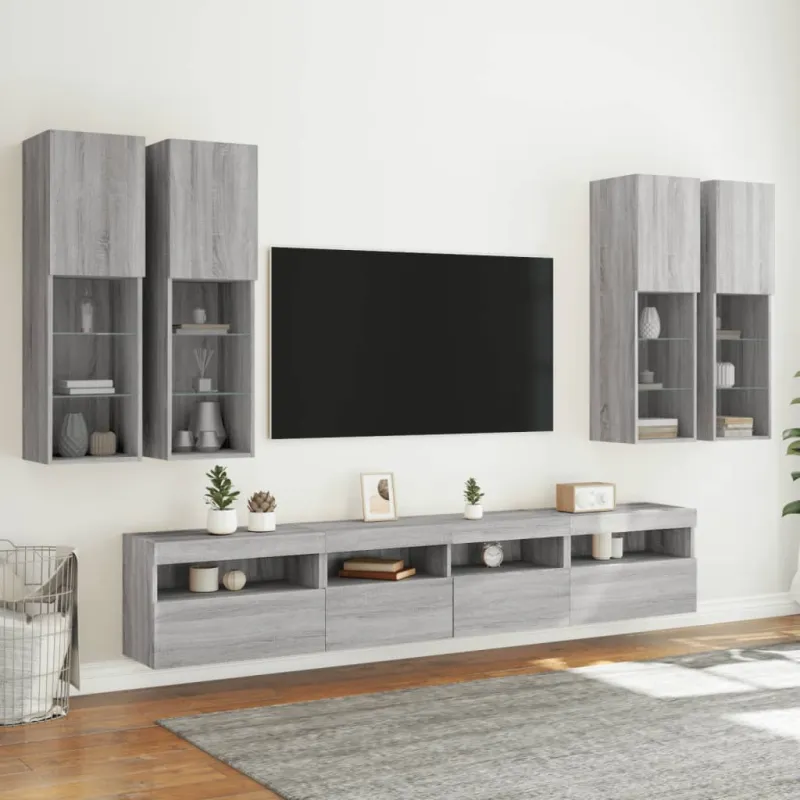 Sieninės TV spintelės su LED lemputėmis, 7vnt., pilkos ąžuolo