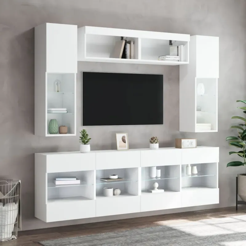 Sieninės TV spintelės su LED lemputėmis, 6vnt., baltos spalvos