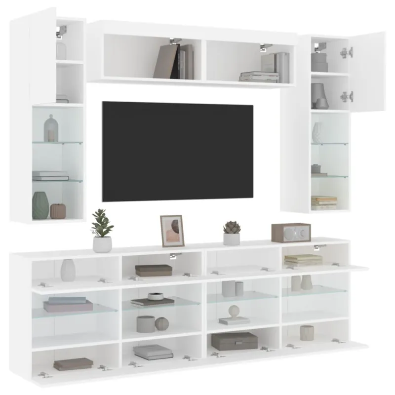 Sieninės TV spintelės su LED lemputėmis, 6vnt., baltos spalvos