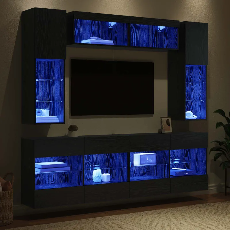 TV sieninio kabineto komplektas su LED 6 pcs Juodas Ąžuolas