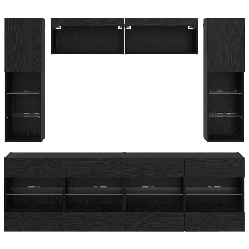 TV sieninio kabineto komplektas su LED 6 pcs Juodas Ąžuolas
