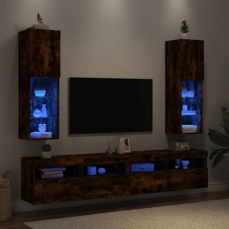TV spintelės su LED, 2vnt., dūminio ąžuolo, 30,5x30x102cm