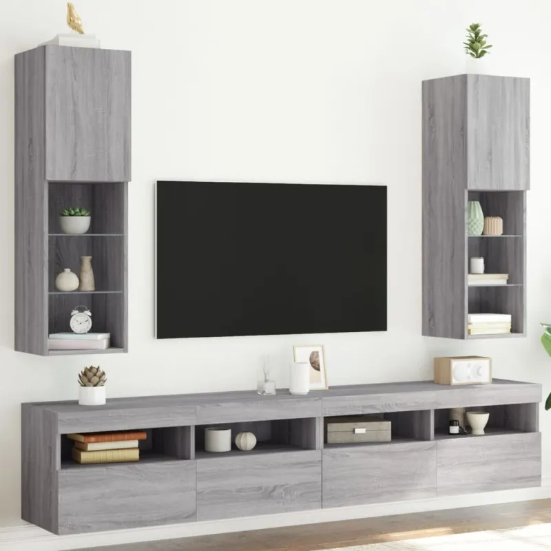 TV spintelės su LED, 2vnt., pilkos ąžuolo, 30,5x30x102cm