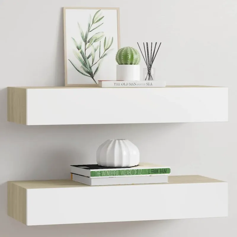 Sieninės stalčių lentynos, 2 vnt., ąžuolo ir baltos spalvos, 60x23,5x10cm, MDF