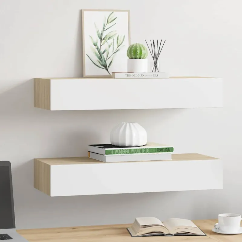 Sieninės stalčių lentynos, 2 vnt., ąžuolo ir baltos spalvos, 60x23,5x10cm, MDF