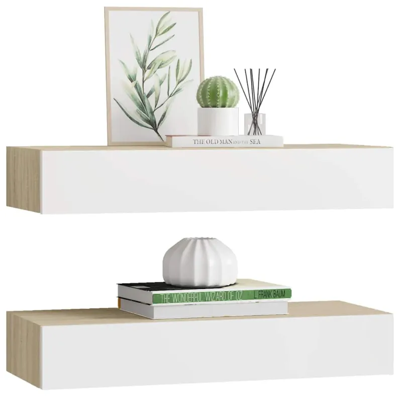 Sieninės stalčių lentynos, 2 vnt., ąžuolo ir baltos spalvos, 60x23,5x10cm, MDF