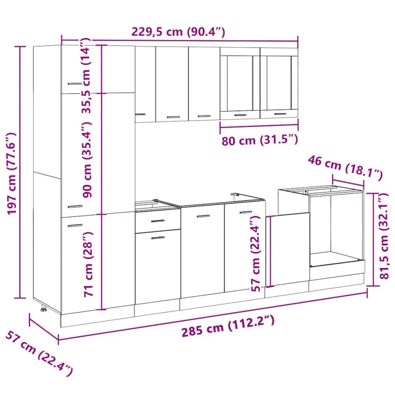Virtuvės spintelių komplektas, 8 dalių, “Lyon", ąžuolo