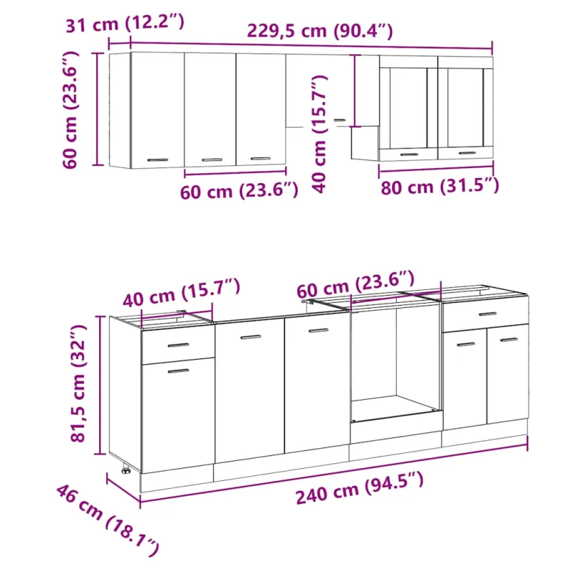 Virtuvės spintelių komplektas, 8 dalių, “Lyon", ąžuolo