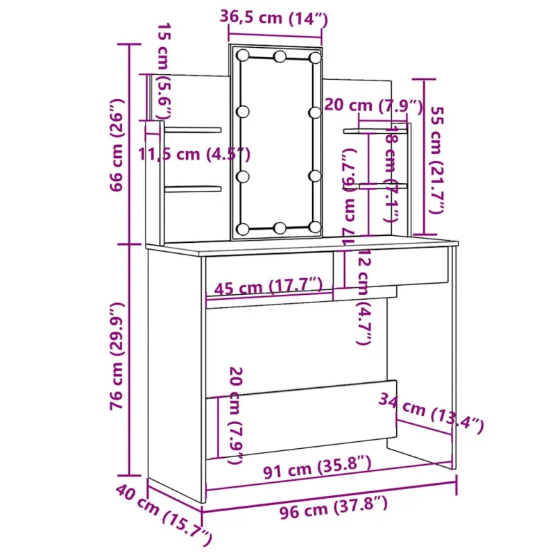 Kosmetinis staliukas su LED lemputėmis, juodas, 96x40x142cm