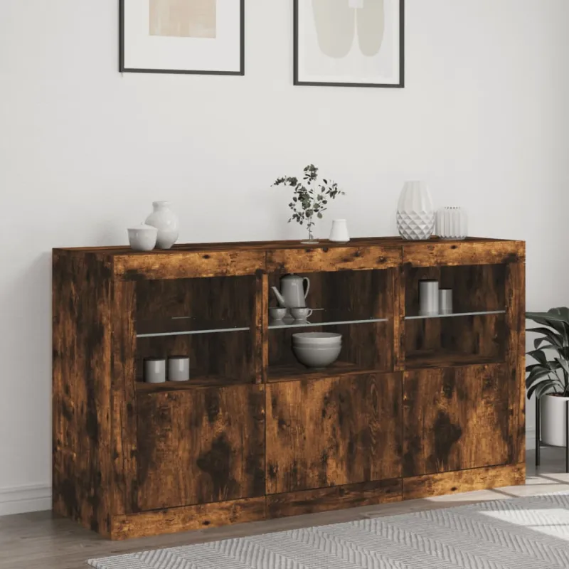 Šoninė spintelė su LED lemputėmis, dūminio ąžuolo, 123x37x67cm