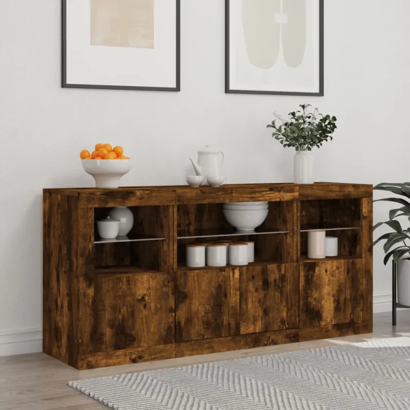 Šoninė spintelė su LED lemputėmis, dūminė, 142,5x37x67cm