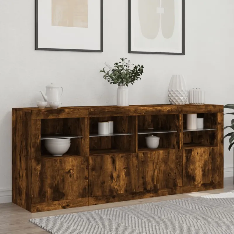 Šoninė spintelė su LED lemputėmis, dūminio ąžuolo, 163x37x67cm