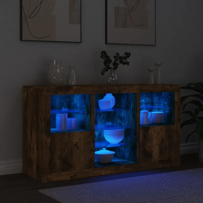 Šoninė spintelė su LED lemputėmis, dūminio ąžuolo, 123x37x67cm