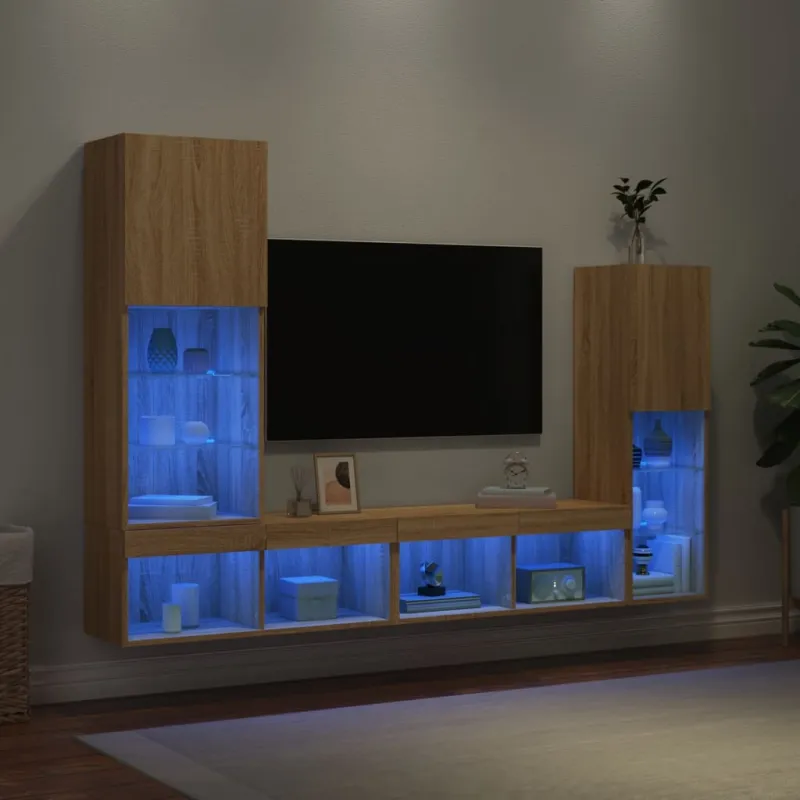 Sieninė TV sekcija su LED, 4 dalių, ąžuolo, apdirbta mediena
