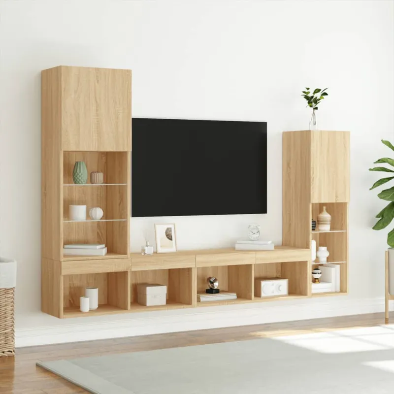 Sieninė TV sekcija su LED, 4 dalių, ąžuolo, apdirbta mediena