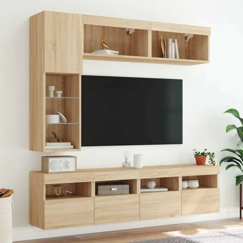 Sieninės TV spintelės su LED lemputėmis, 7vnt., ąžuolo spalvos