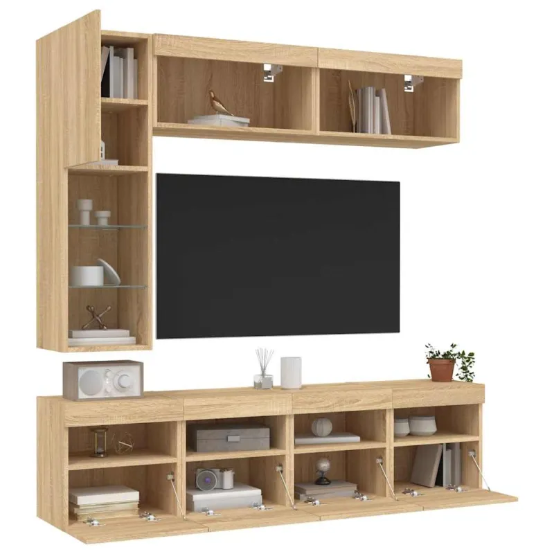 Sieninės TV spintelės su LED lemputėmis, 7vnt., ąžuolo spalvos