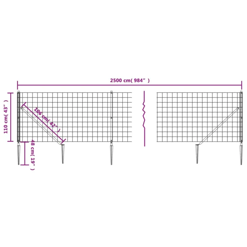 Vielinė tinklinė tvora su smaigais, antracito spalvos, 1,1x25m