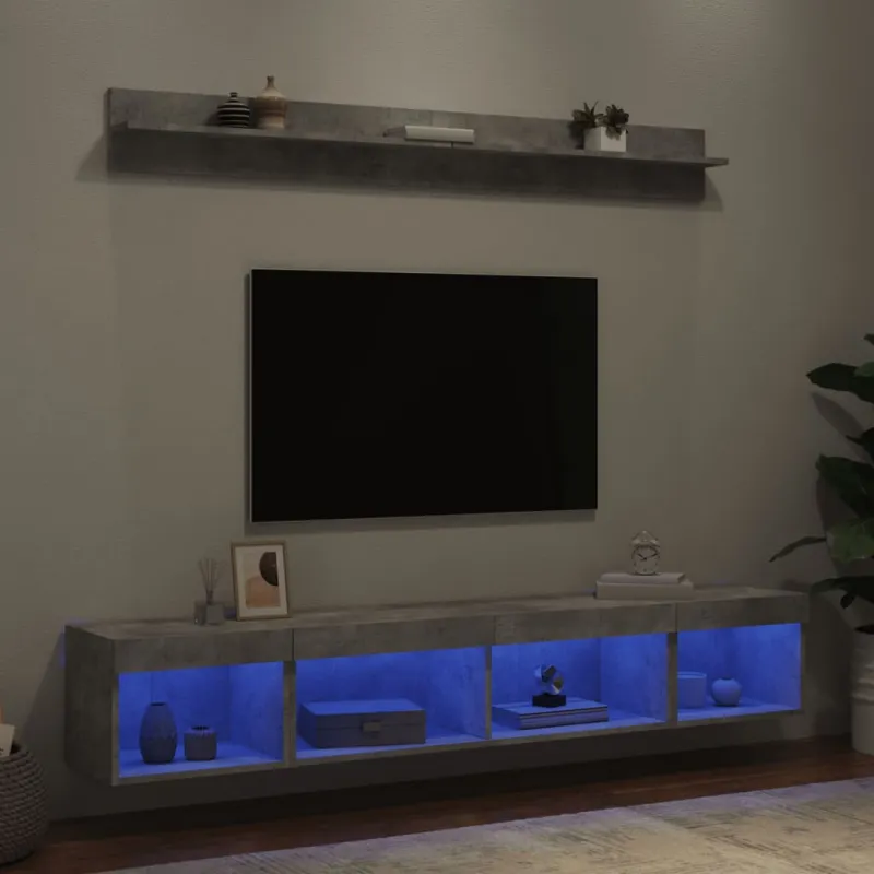 Sieninė TV sekcija su LED, 5 dalių, betono, apdirbta mediena