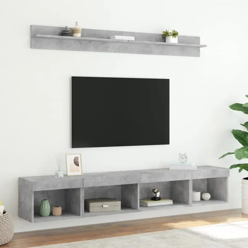 Sieninė TV sekcija su LED, 5 dalių, betono, apdirbta mediena