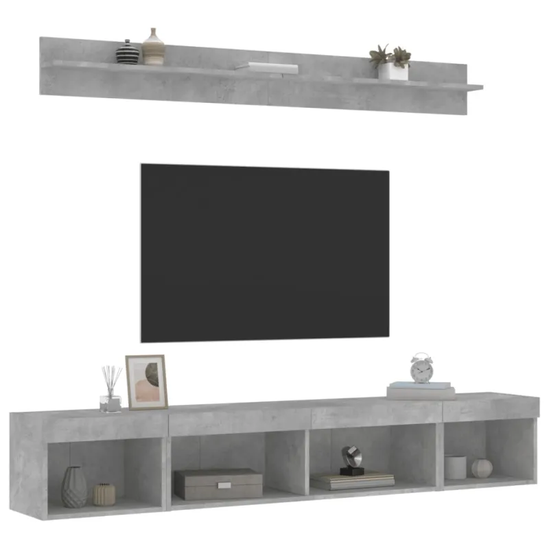 Sieninė TV sekcija su LED, 5 dalių, betono, apdirbta mediena
