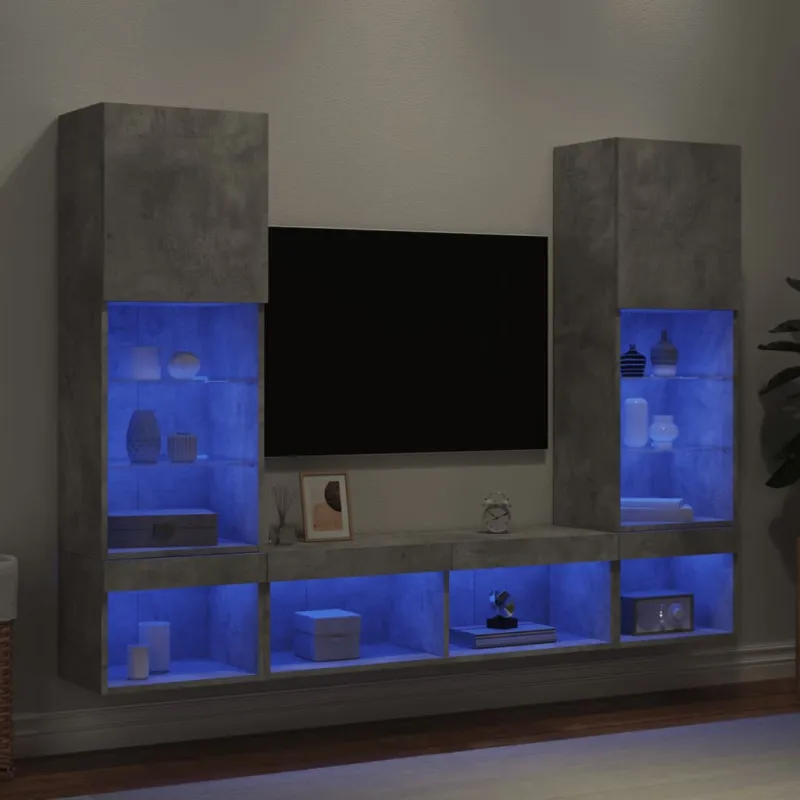 Sieninė TV sekcija su LED, 5 dalių, betono, apdirbta mediena