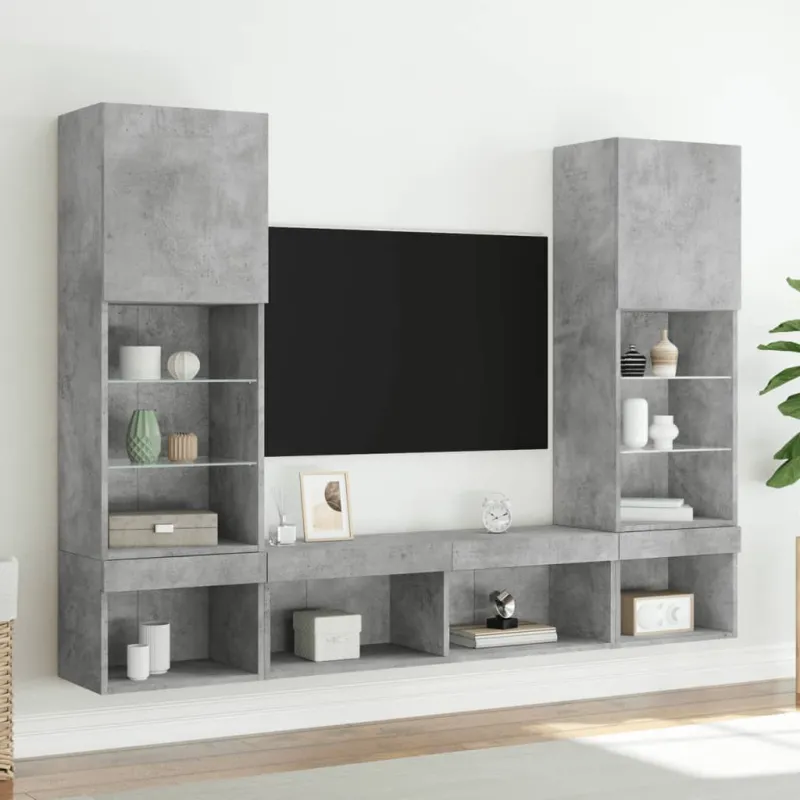 Sieninė TV sekcija su LED, 5 dalių, betono, apdirbta mediena