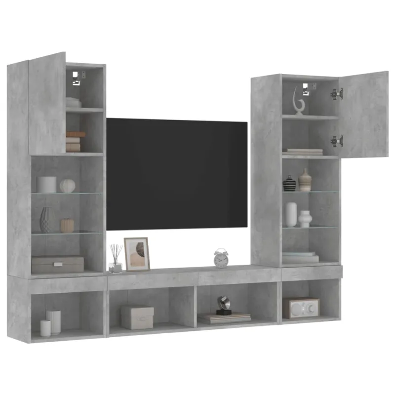 Sieninė TV sekcija su LED, 5 dalių, betono, apdirbta mediena
