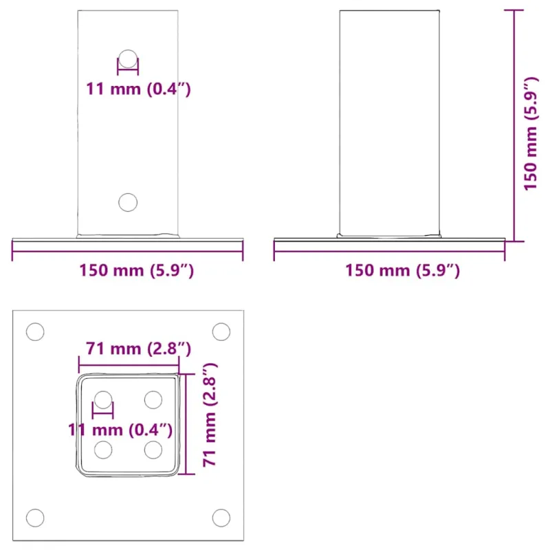 Stulpų pagrindai kvadratiniai, 4vnt., antracito sp., 71x71mm