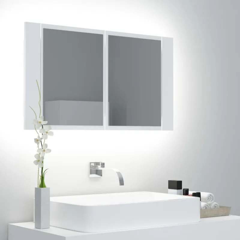 Veidrodinė vonios spintelė su LED, balta, 80x12x45cm, akrilas