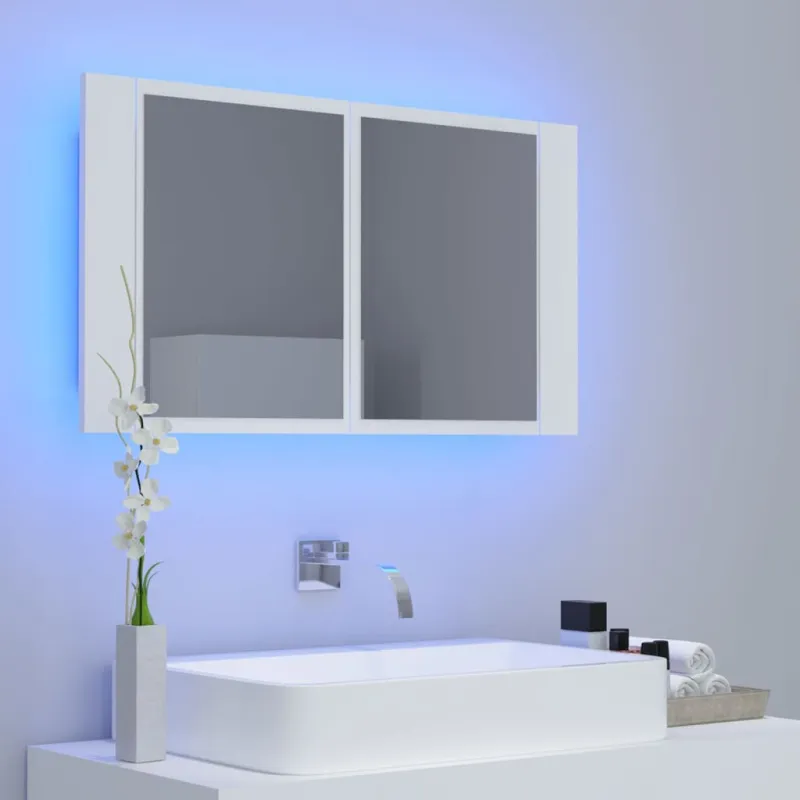 Veidrodinė vonios spintelė su LED, balta, 80x12x45cm, akrilas