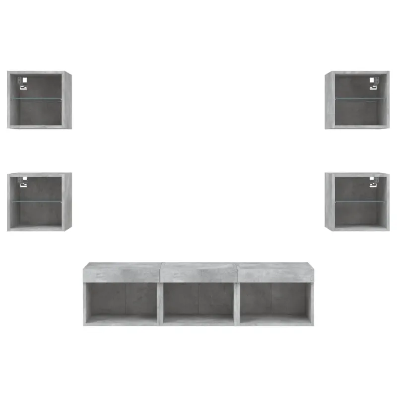 Sieninė TV sekcija su LED, 7 dalių, betono, apdirbta mediena