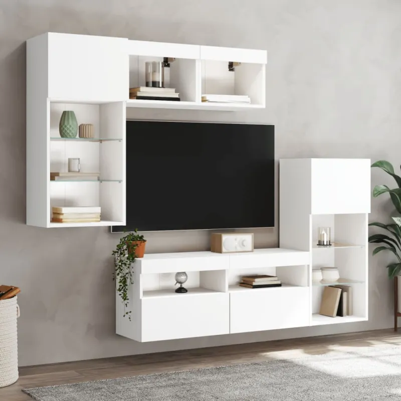 Sieninė TV sekcija su LED, 5 dalių, balta, apdirbta mediena