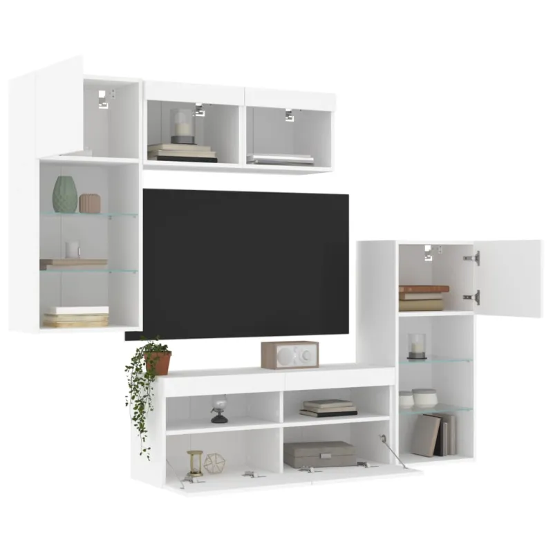 Sieninė TV sekcija su LED, 5 dalių, balta, apdirbta mediena