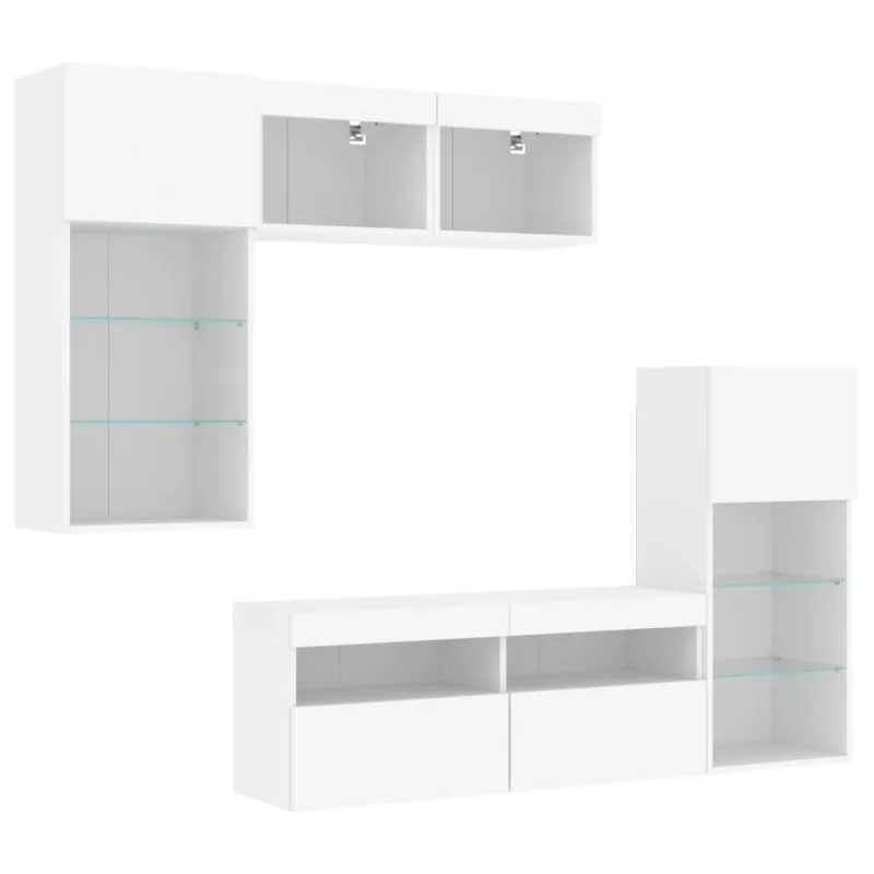 Sieninė TV sekcija su LED, 5 dalių, balta, apdirbta mediena