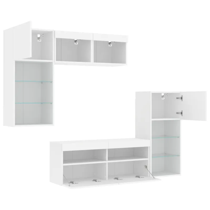 Sieninė TV sekcija su LED, 5 dalių, balta, apdirbta mediena