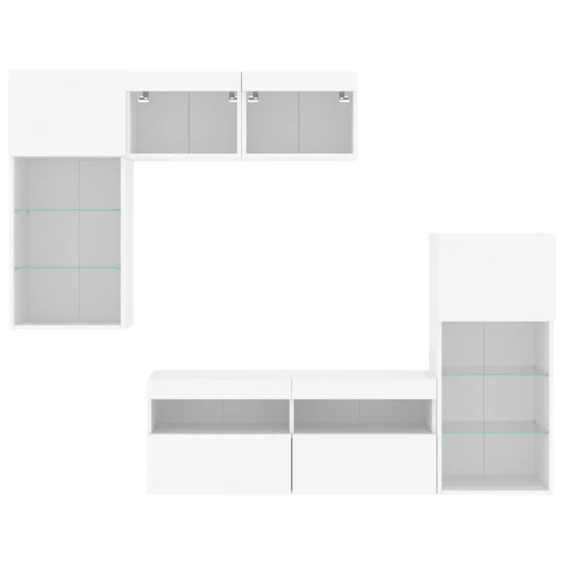Sieninė TV sekcija su LED, 5 dalių, balta, apdirbta mediena