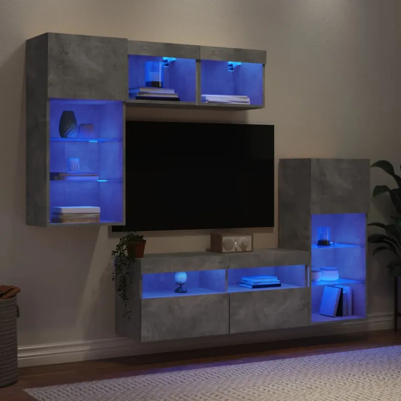 Sieninė TV sekcija su LED, 5 dalių, betono, apdirbta mediena