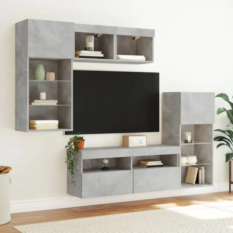 Sieninė TV sekcija su LED, 5 dalių, betono, apdirbta mediena