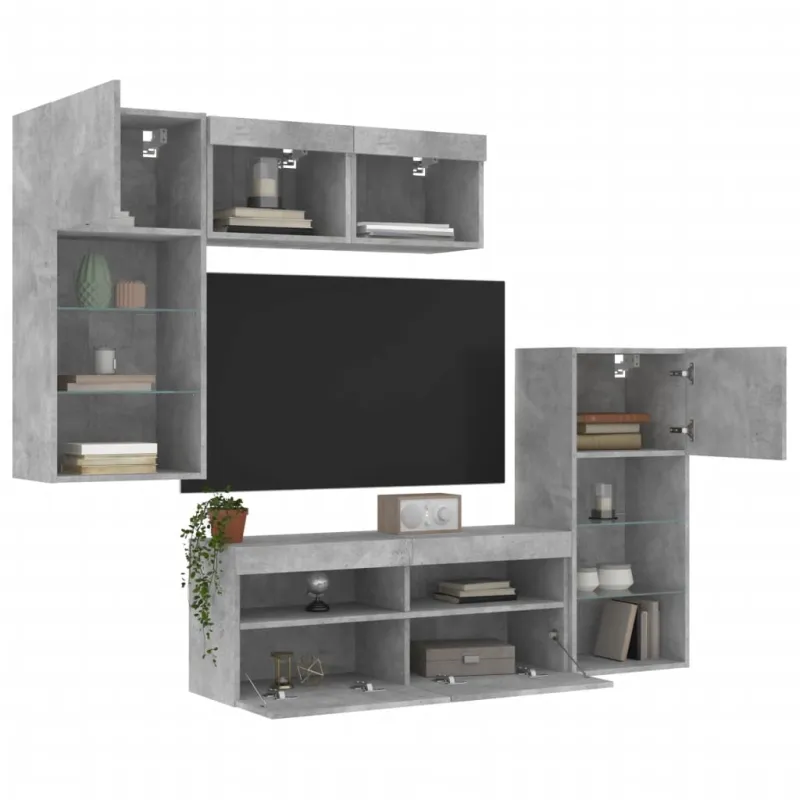 Sieninė TV sekcija su LED, 5 dalių, betono, apdirbta mediena