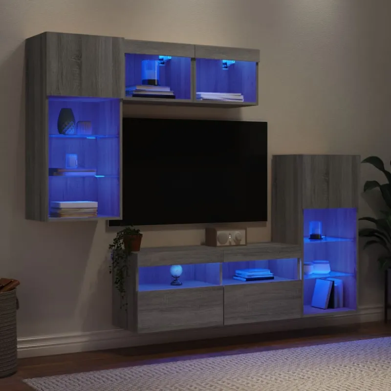 Sieninė TV sekcija su LED, 5 dalių, pilka ąžuolo, mediena