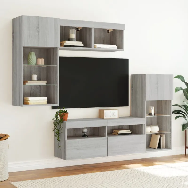 Sieninė TV sekcija su LED, 5 dalių, pilka ąžuolo, mediena